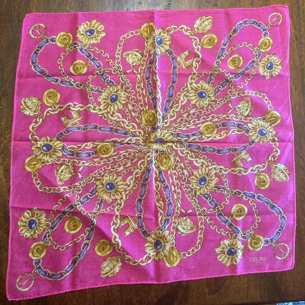 CELINE Paris Vintage Silk Cotton Scarf Handkerchief Pink Blue Gold Chain Link - Picture 2 of 3